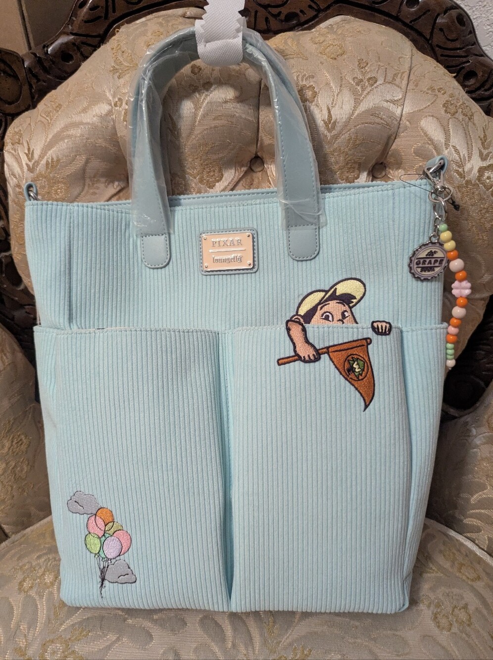 Blue Corduroy Disney Pixar Loungefly Tote Bag With Russell And Carl
